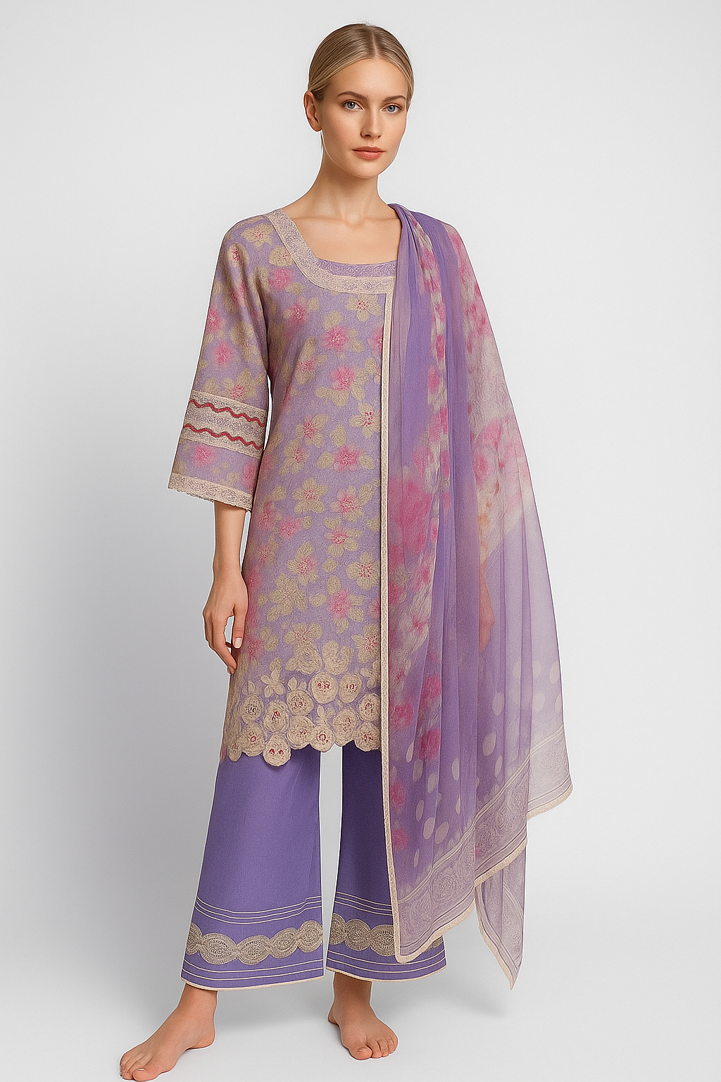 Silakaari Faraham Purple Pure Lawn Lacy Chikan Organza Patch Kurti With Semi-Palazzo Pakistani Ready-Made Dress