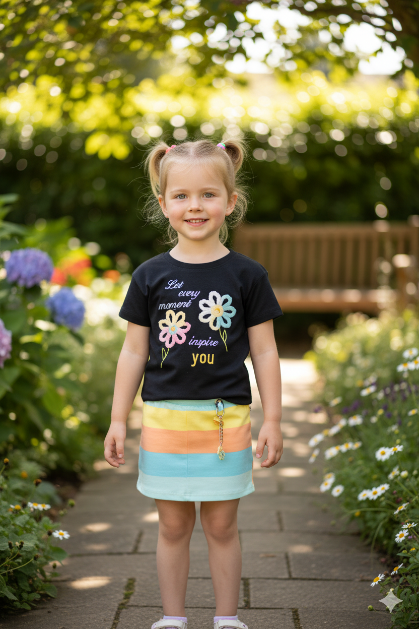 Silakaari Be Happy Black Floral T-Shirt With Multi Color Skirt Set For Girls