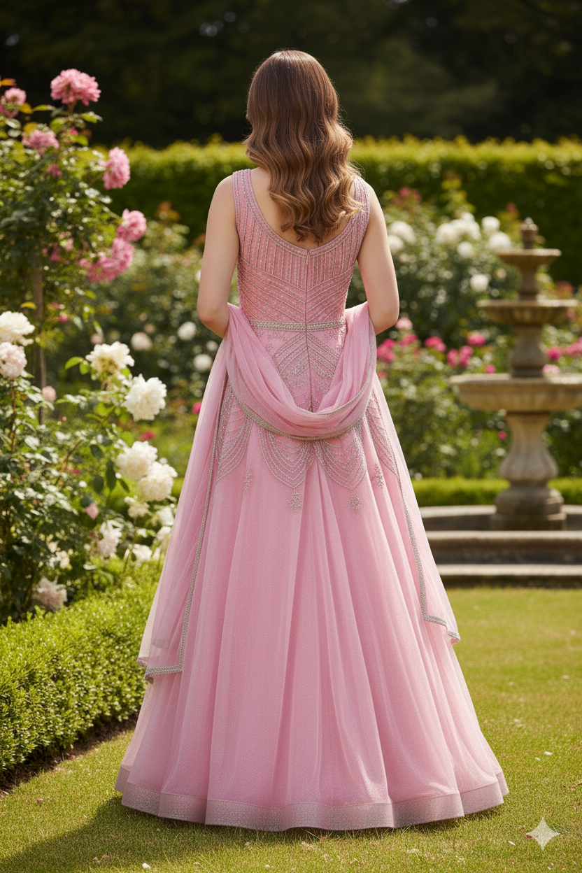 Silakaari Dusty Pink Party Wear Pearl Sequins Diamond Bridal Ball Gown