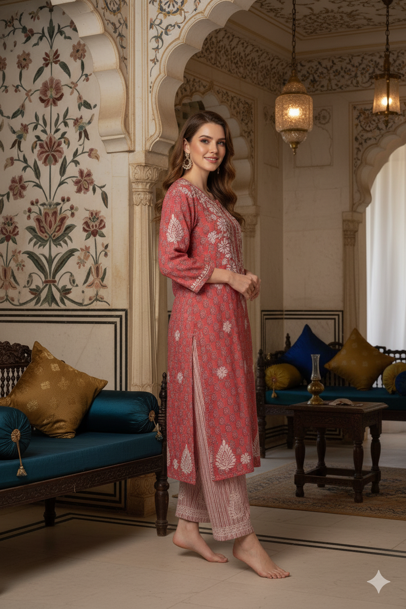 Silakaari Women's Pure Cotton Printed Lucknowi Kurti Pant Premium Set