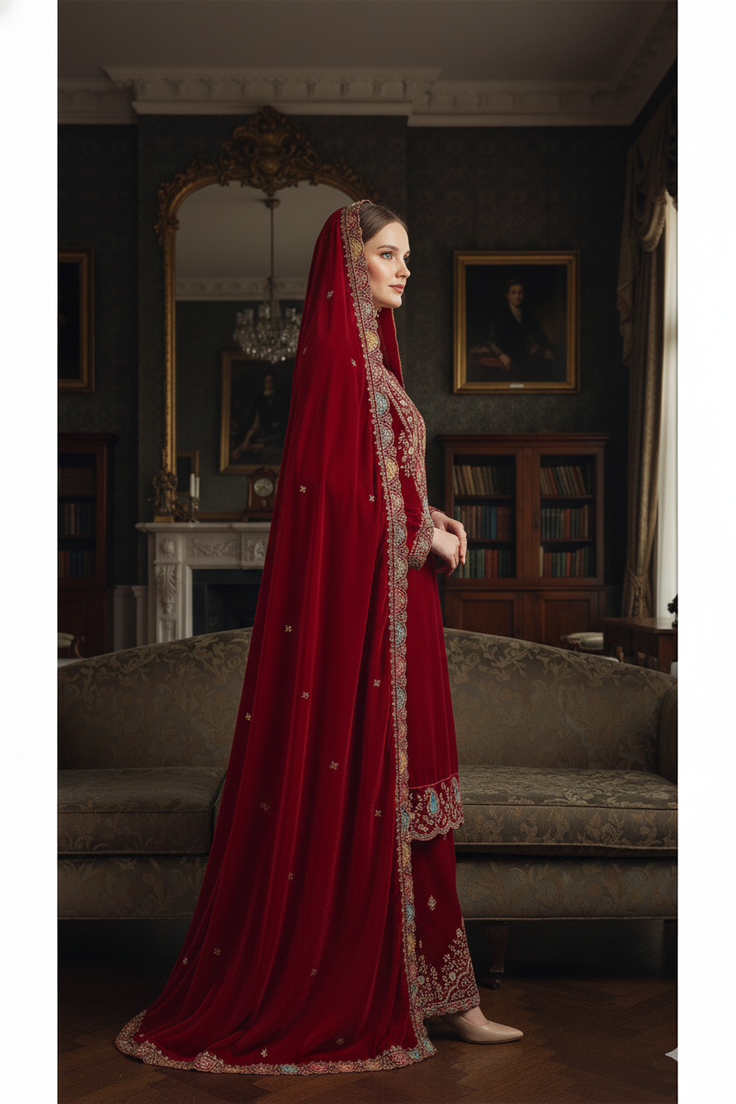 Silakaari Mahogony Maroon Gold Sequin Heavy Bridal Velvet Garara Palazzo Set