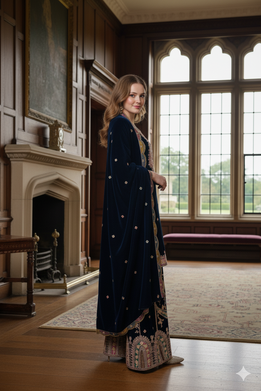 Silakaari Gehraiyaan Dark Blue-Gold Sequin Zari Bridal Pure Velvet Kurti Palazzo Set