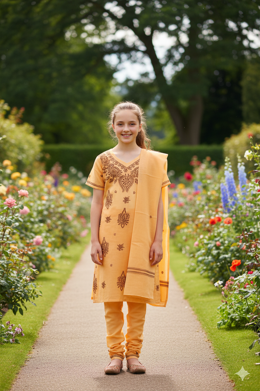 Silakaari Alayna Beige-Brown Pure Cotton Lucknowi ChikanKari Kurti Pant With Dupatta Set For Girls