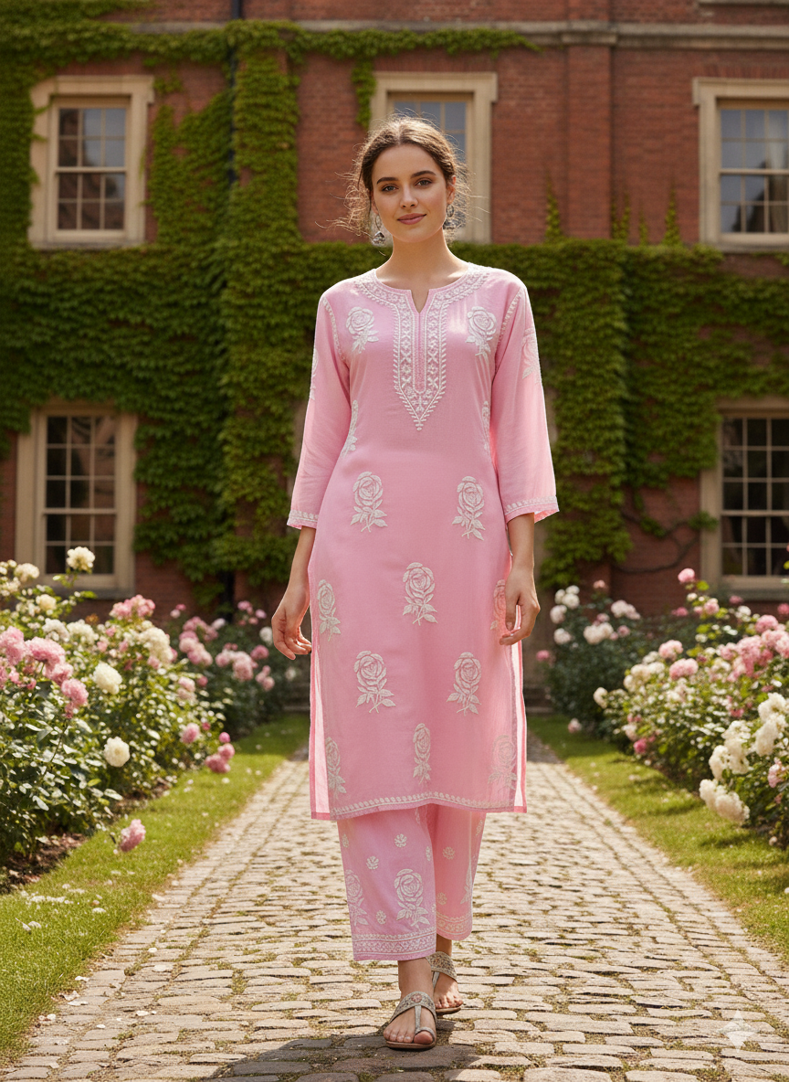 Silakaari Women's Baby Pink Modal Lucknowi Kurti Palazzo Set