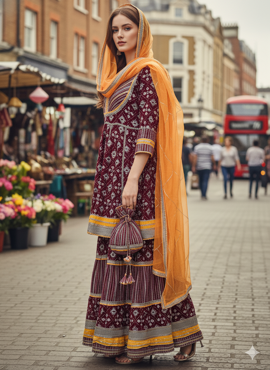 Silakaari Women's Maroon & Yellow Heavy Gotta Patti Full Garara Set With Potli