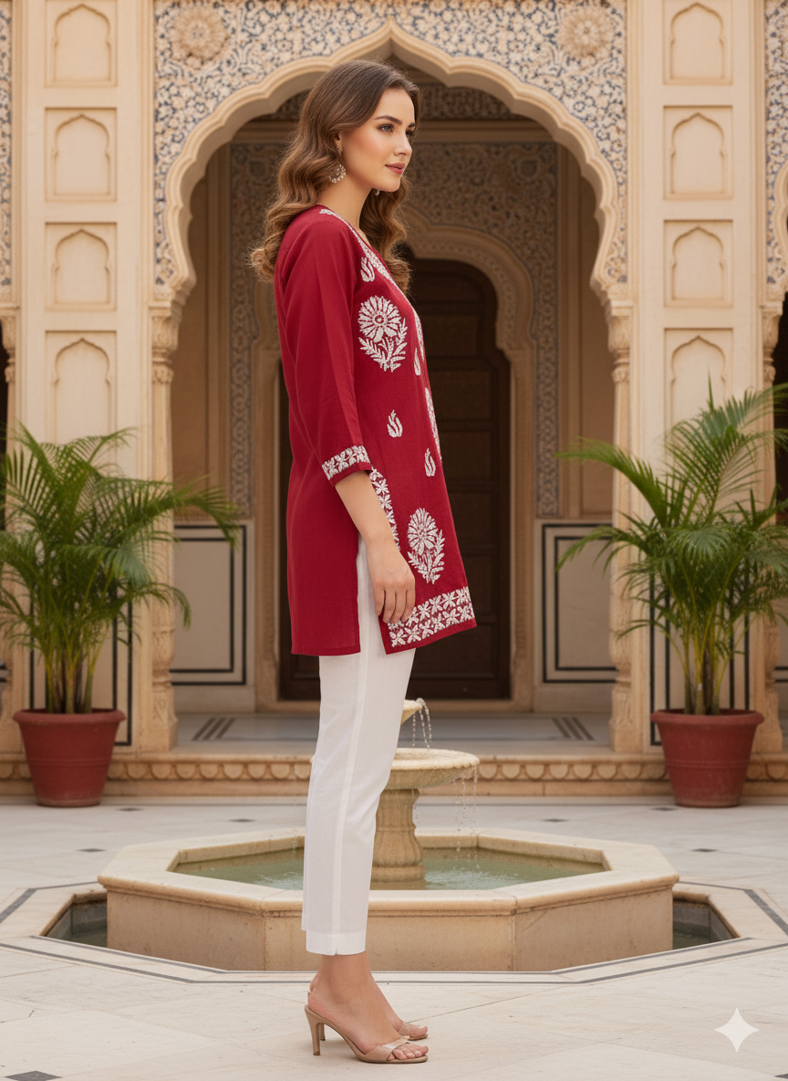 Silakaari Pure Muslin Maroon Heavy Lucknowi Straight Short Kurti With Pant Set