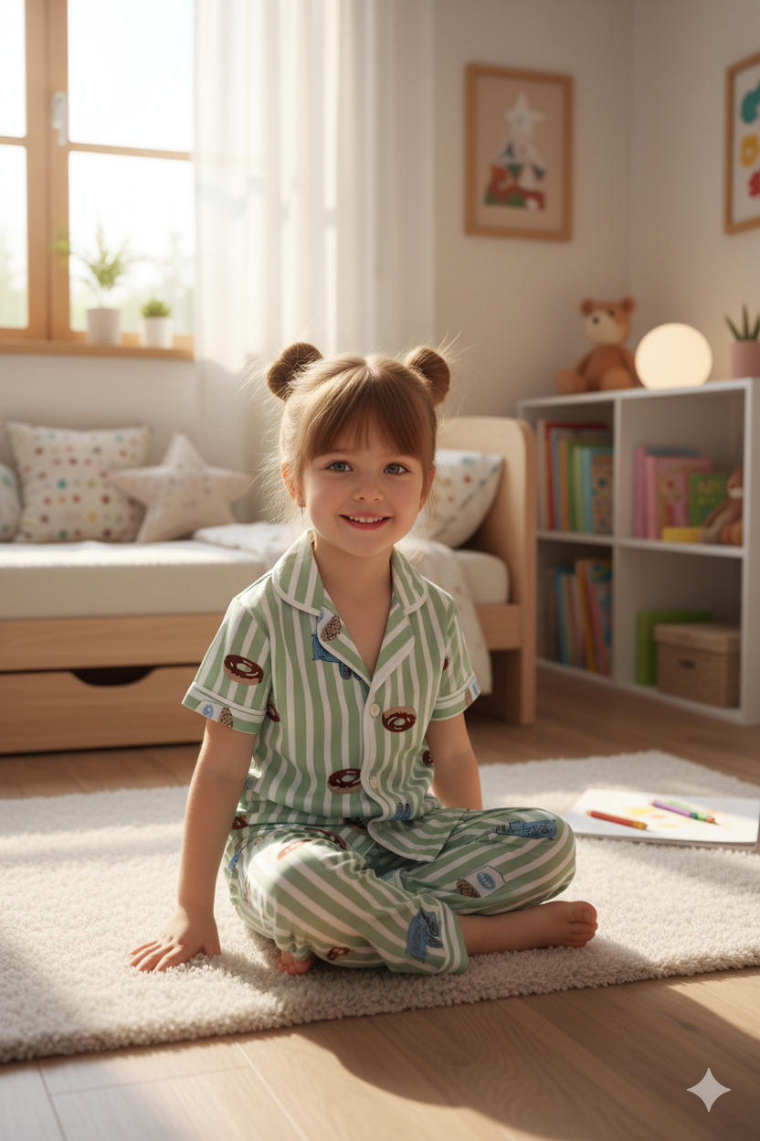 Silakaari Kids Green Casual Printed Night Dress For Girls