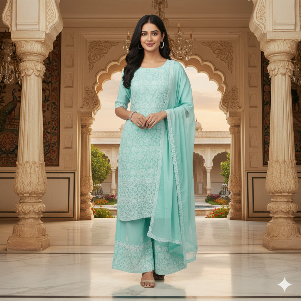 Silakaari Floss Green-White Pure Cotton Delux Premium Lucknowi Chikankari Unstitched Dress Material