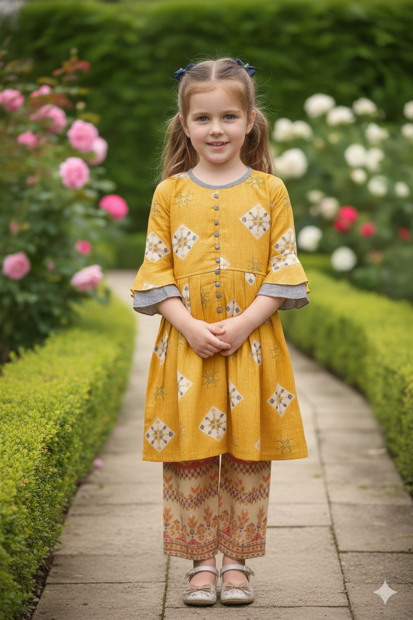 Silakaari Kids Bell Sleeve Foil Printed Palazzo Set For Girls