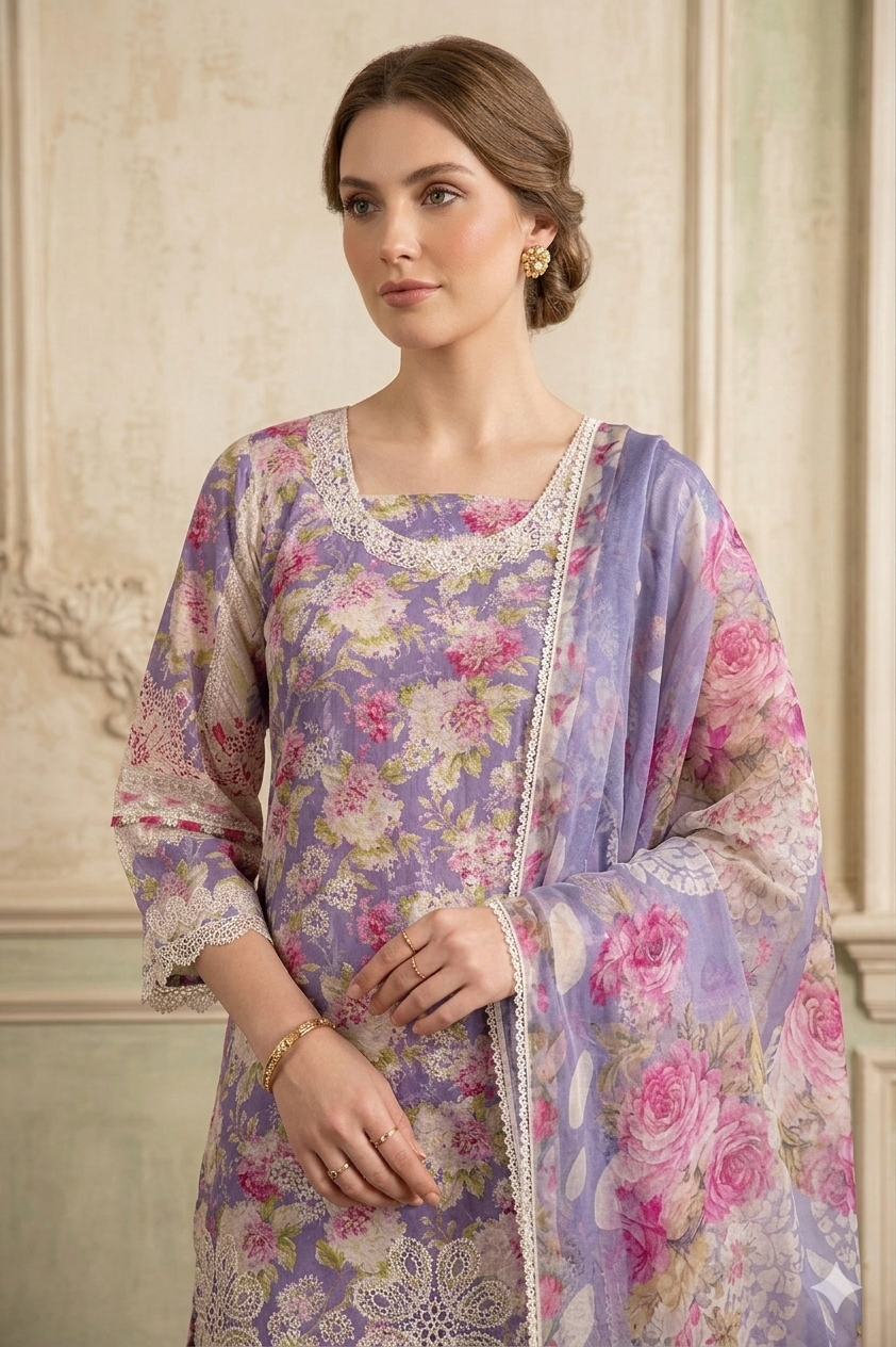 Silakaari Faraham Purple Pure Lawn Lacy Chikan Organza Patch Kurti With Semi-Palazzo Pakistani Ready-Made Dress