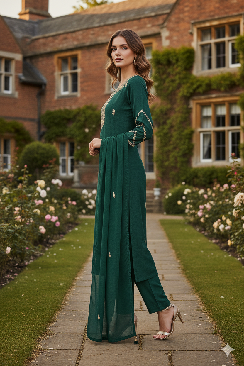 Silakaari Pure Hand-work festive Dark Green Kurti Pant Set