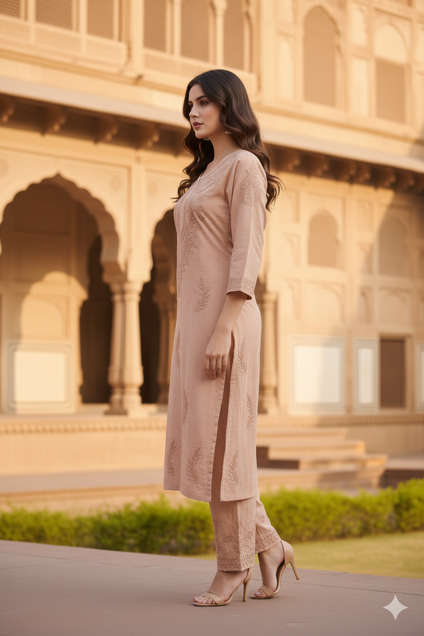 Silakaari Women's Pure Chanderi Golden Dots Kurti Palazzo Premium Lucknowi Set