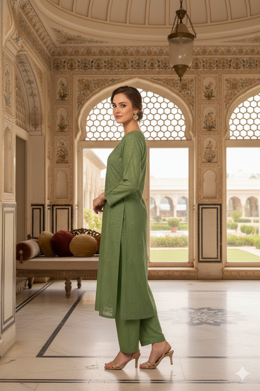 Silakaari Women's Pure Chanderi Golden Dots Kurti Palazzo Premium Lucknowi Set