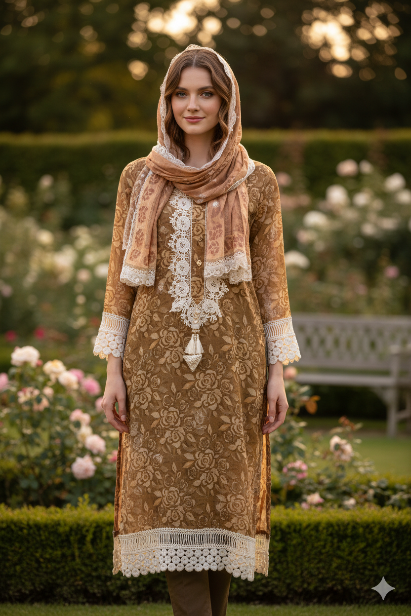 Silakaari Women's Floral Pure Georgette Heavy Lacy Designer Ready-Made  Dress