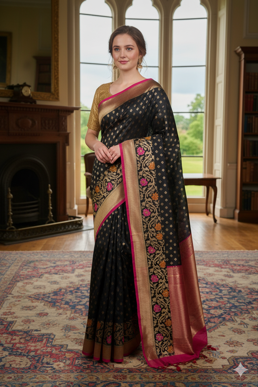 Silakaari Ada Navy Blue-Hot Pink Pure Floral Silk Banarasi Saree
