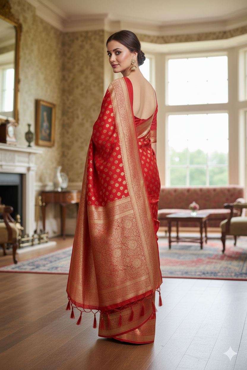 Silakaari Haseen Orangish-Gold Zari Hand Work Zardosi Tassels Pure Silk Heavy Bridal Saree