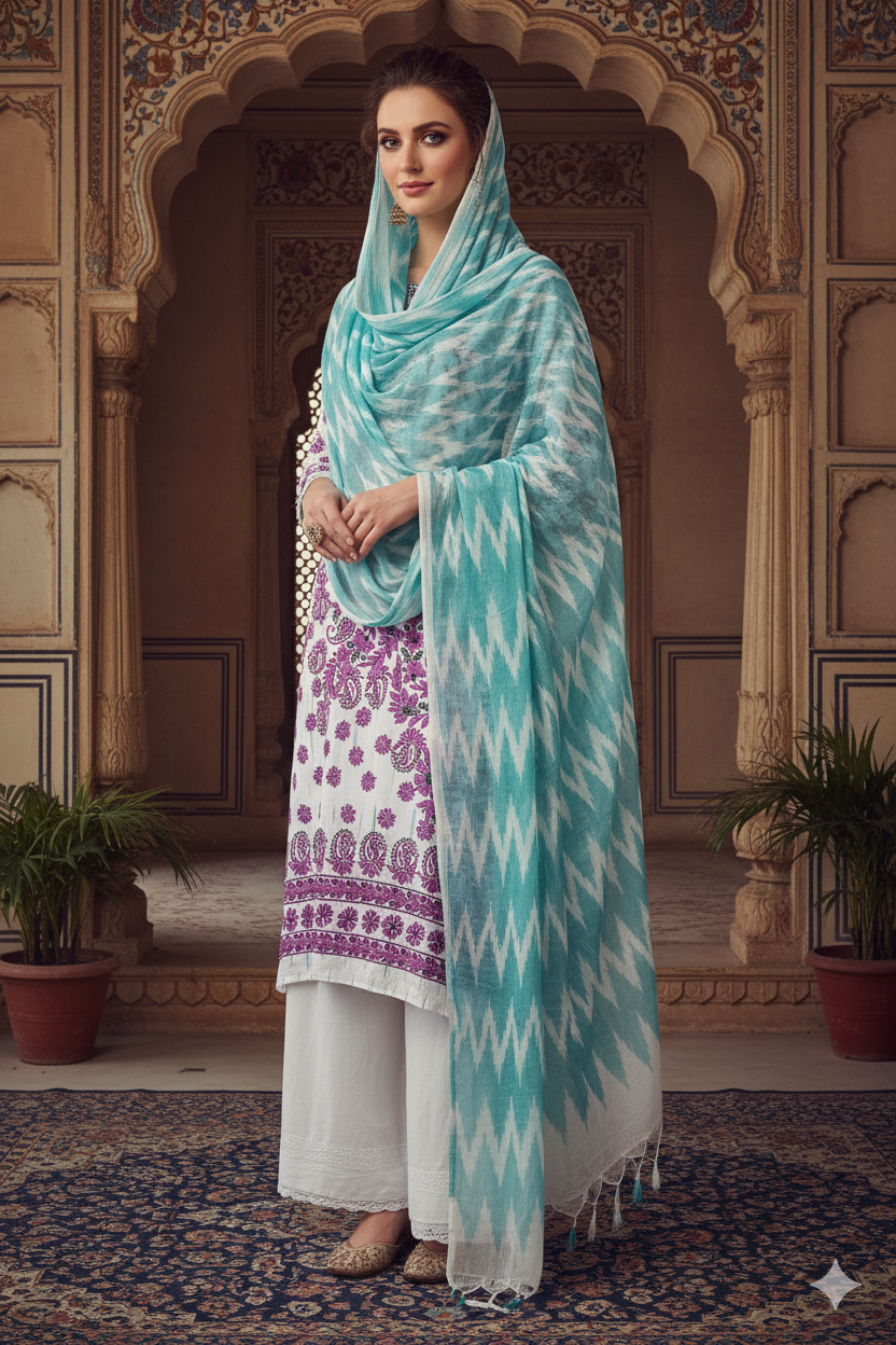 Silakaari Kamsin White-Purple Pure Chikankari Super Fine Embroidery Unstitched Dress Material