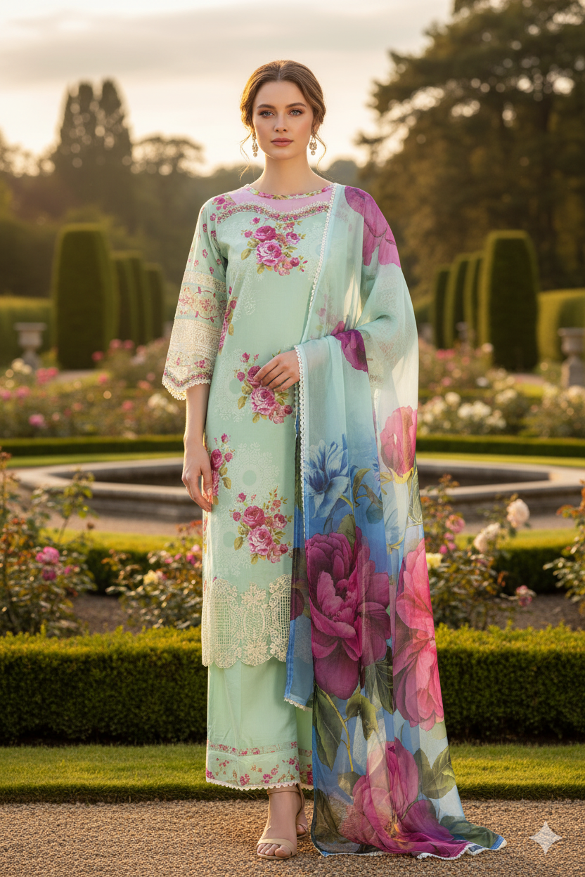 Silakaari Haseen Floss Green Pure Lawn Floral Organza Patch Work Premium  Ready-Made Dress