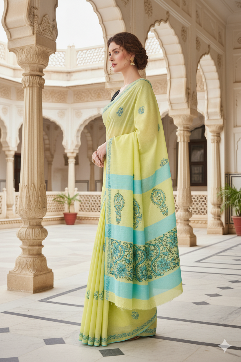 Silakaari Samiksha Green-Blue Patch work Pure Lucknowi Casual Wear Premium Saree