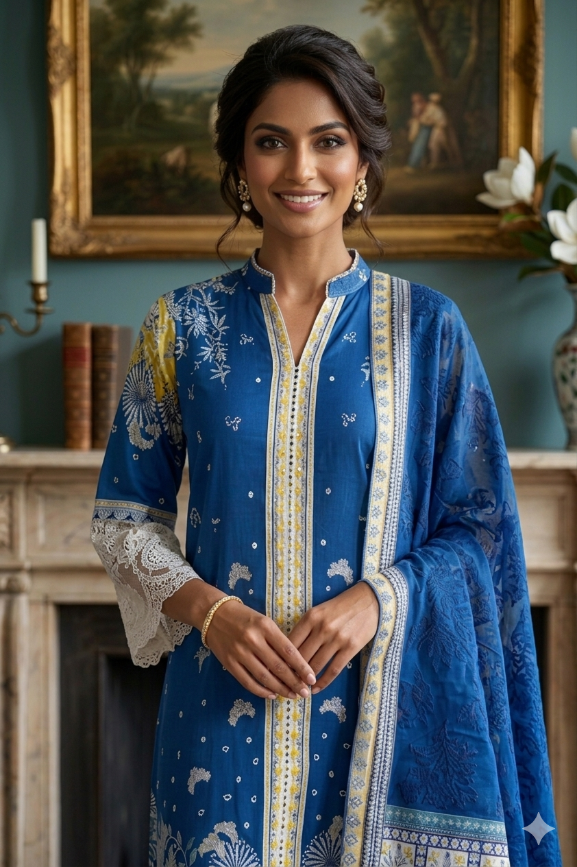 Silakaari Zebunnisa Pure Lawn Blue-Yellow Front Panel Super Lawn kalamkar Pakistani Ready-Made Dress