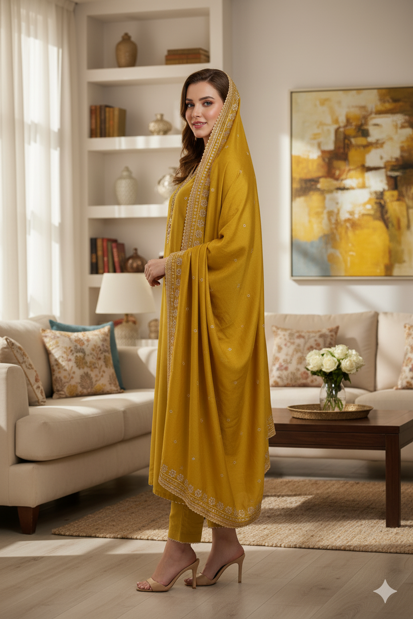 Silakaari Women's V Style Pearl Heavy Embroidered Pure Dola Silk Kurti Pant Dupatta Set