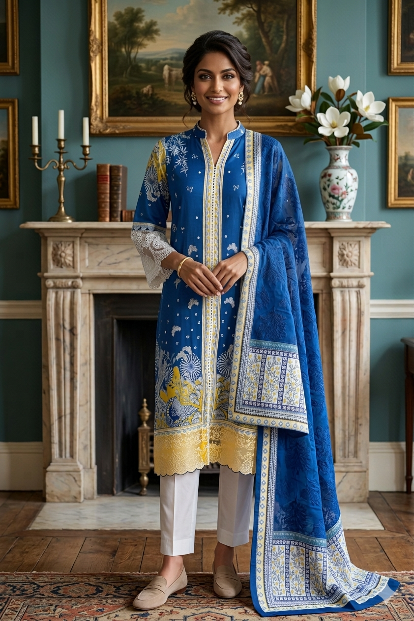 Silakaari Zebunnisa Pure Lawn Blue-Yellow Front Panel Super Lawn kalamkar Pakistani Ready-Made Dress