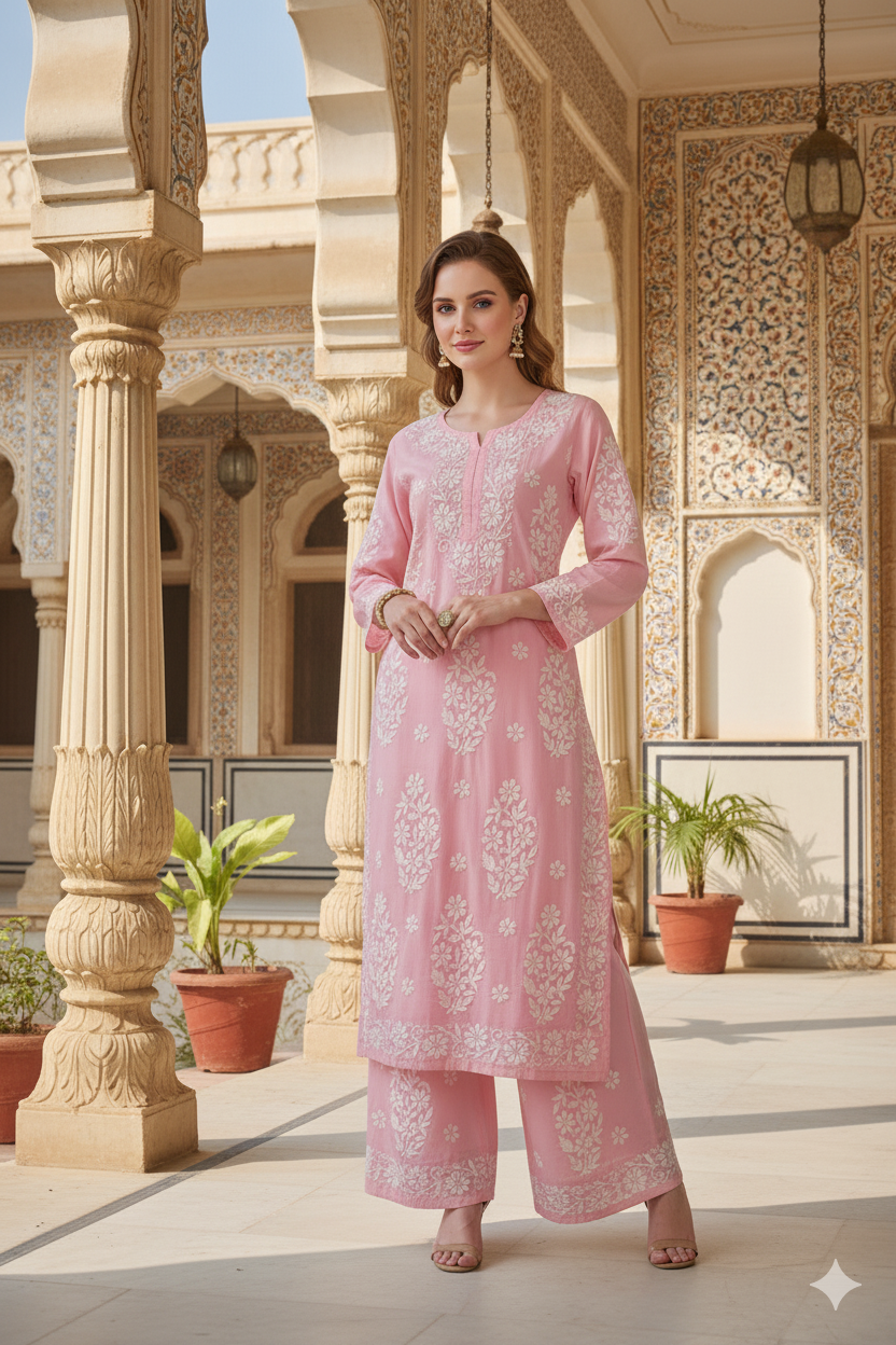 Silakaari Women's Pure Modal Lucknowi Premium Kurti Palazzo Set