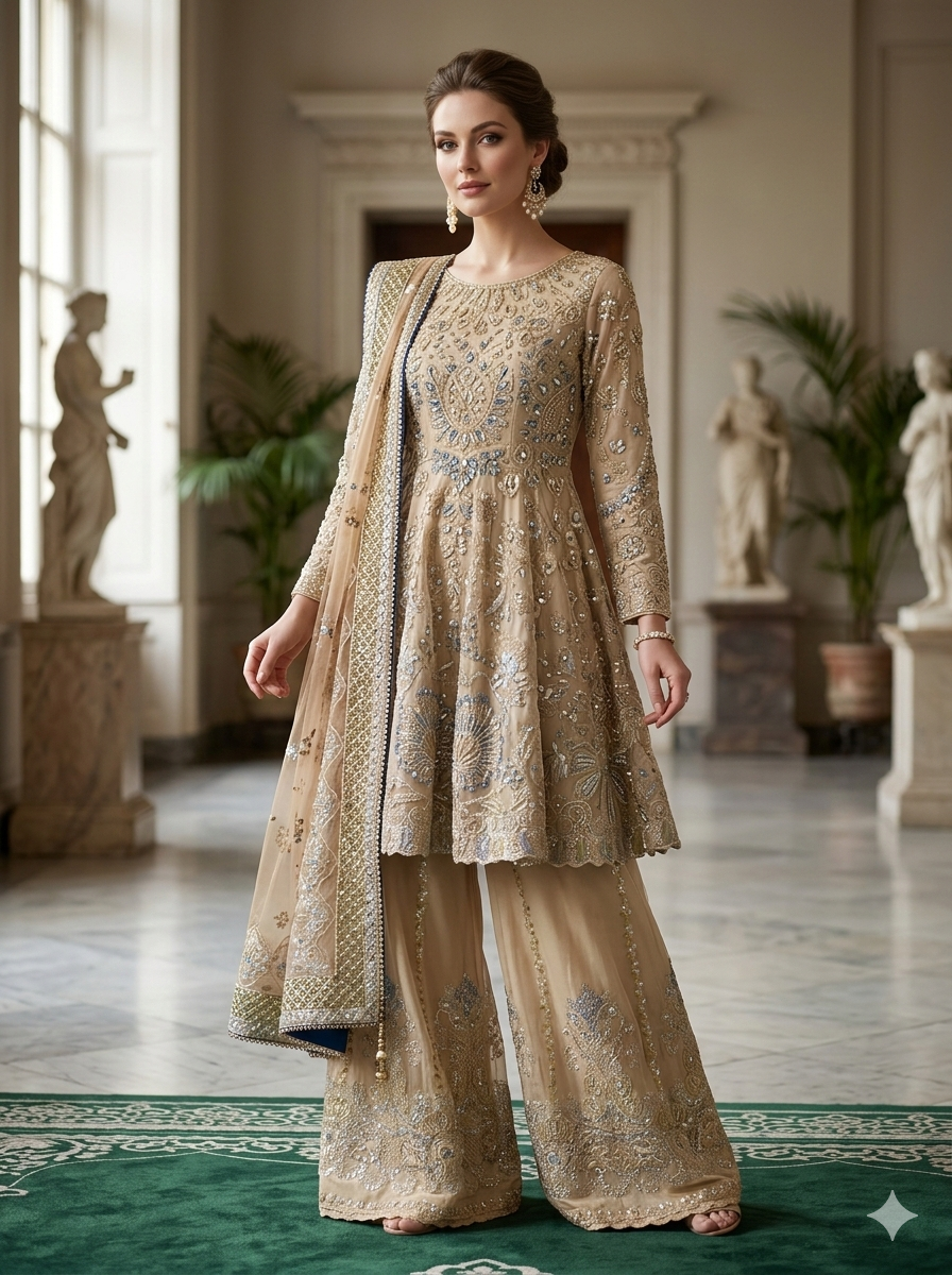 Silakaari Musheera Beige Heavy Sequins & Thread Work Embroidered Kurta Palazzo Set with Net Dupatta