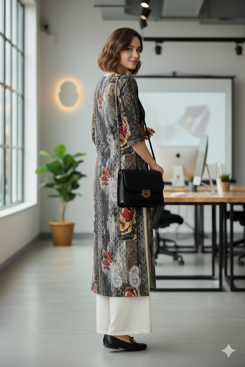 Silakaari Anya Heavy Rayon Mix & Match Black Embroidery Long Kurti