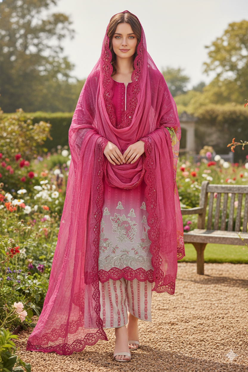 Silakaari Ayaan Magenat Printed Pure Lawn Sequin Patch Work Premium  Ready-Made Dress