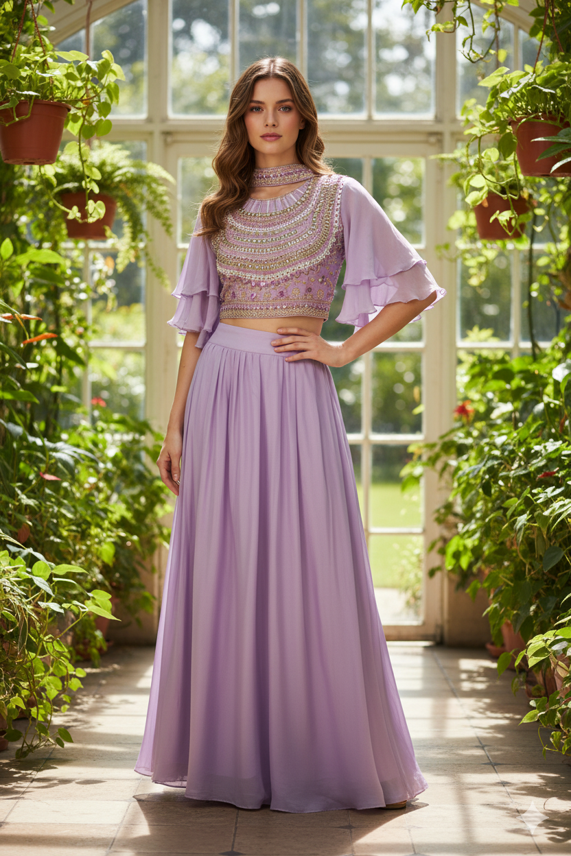 Silakaari Light Purle Fancy Pure Pearl Work Heavy Chiffon Lehenga Sharara set
