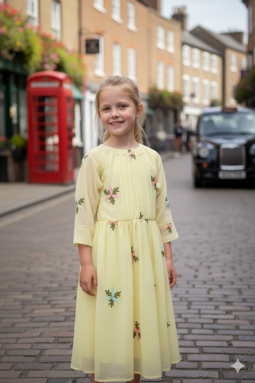 Silakaari Kids yellow Pearl Dress Floral Printed Cinderella Frock For Girls