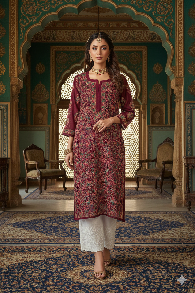 Silakaari Pure Georgette Maroon-Multi Lucknowi Premium Long Kurti Slip With Palazzo Set