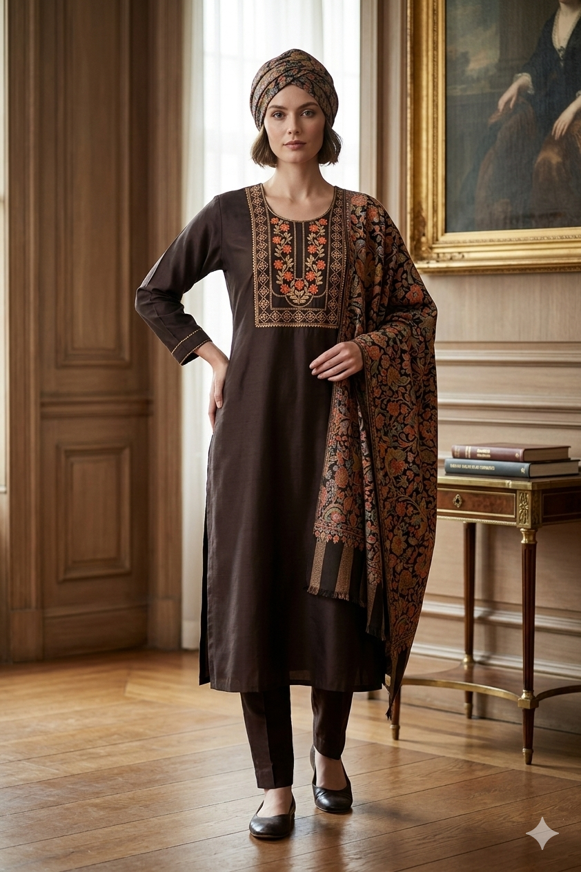 Silakaari Women's Dark Grey Heavy Zari Resham Digital Printed Dupatta Kurti Pant Set