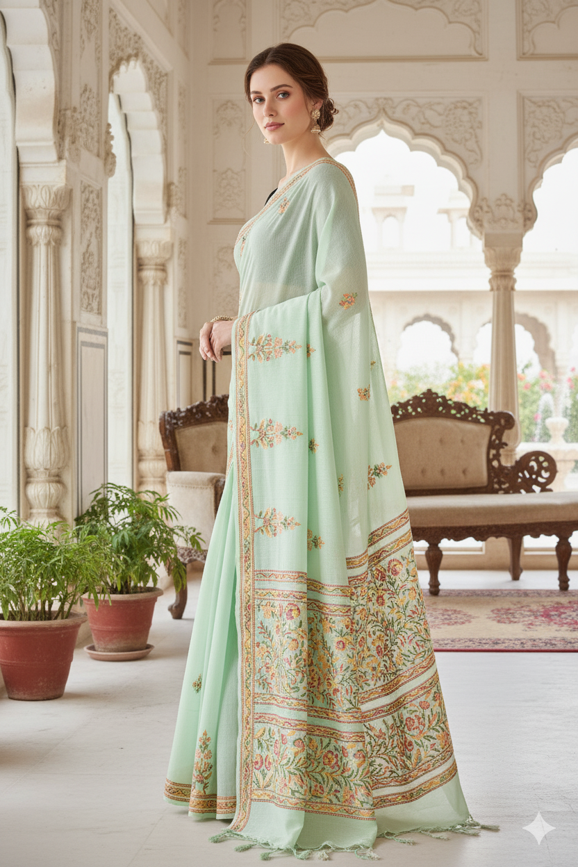 Silakaari Suhani Dual Tone Casual Green Lucknowi Embroidery Premium Saree