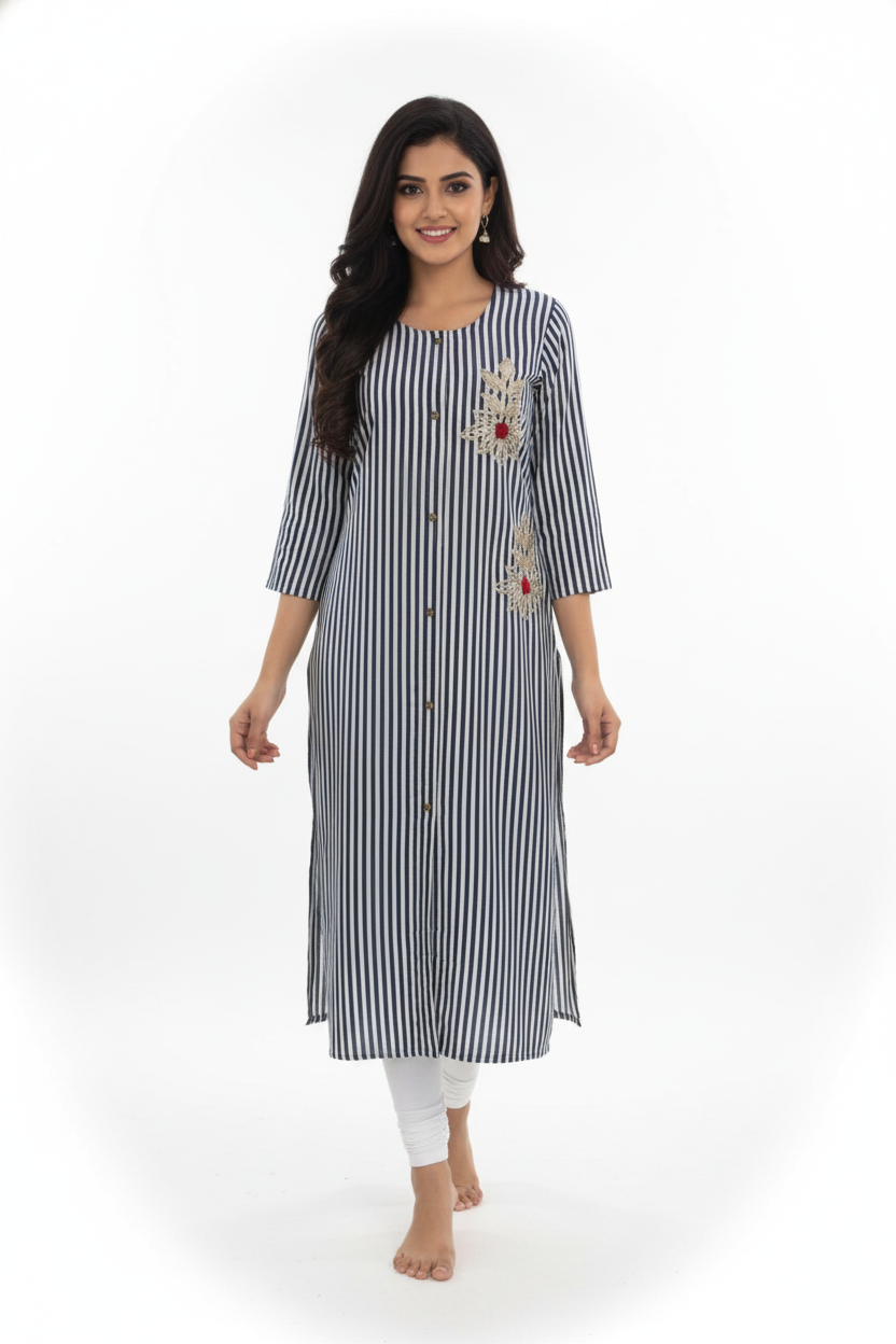 Silakaari Irsa Black-White Lining Rayon Gota Patti Long Kurti