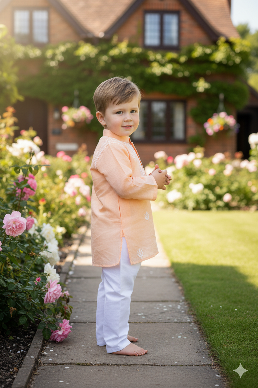Silakaari Kabir Peach-White Pure Lucknowi Chikankari Kurta Pyjama Set For Boys
