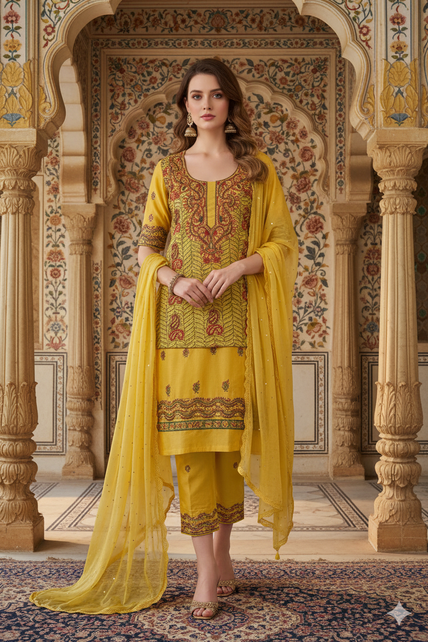 Silakaari Elegent Yellow Sequin Pearl Pure Cotton Lucknowi Unstitched Dress Material