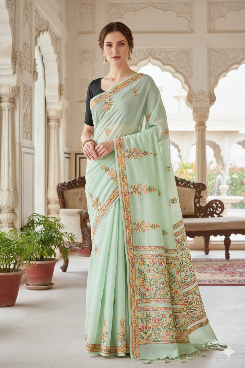 Silakaari Suhani Dual Tone Casual Green Lucknowi Embroidery Premium Saree
