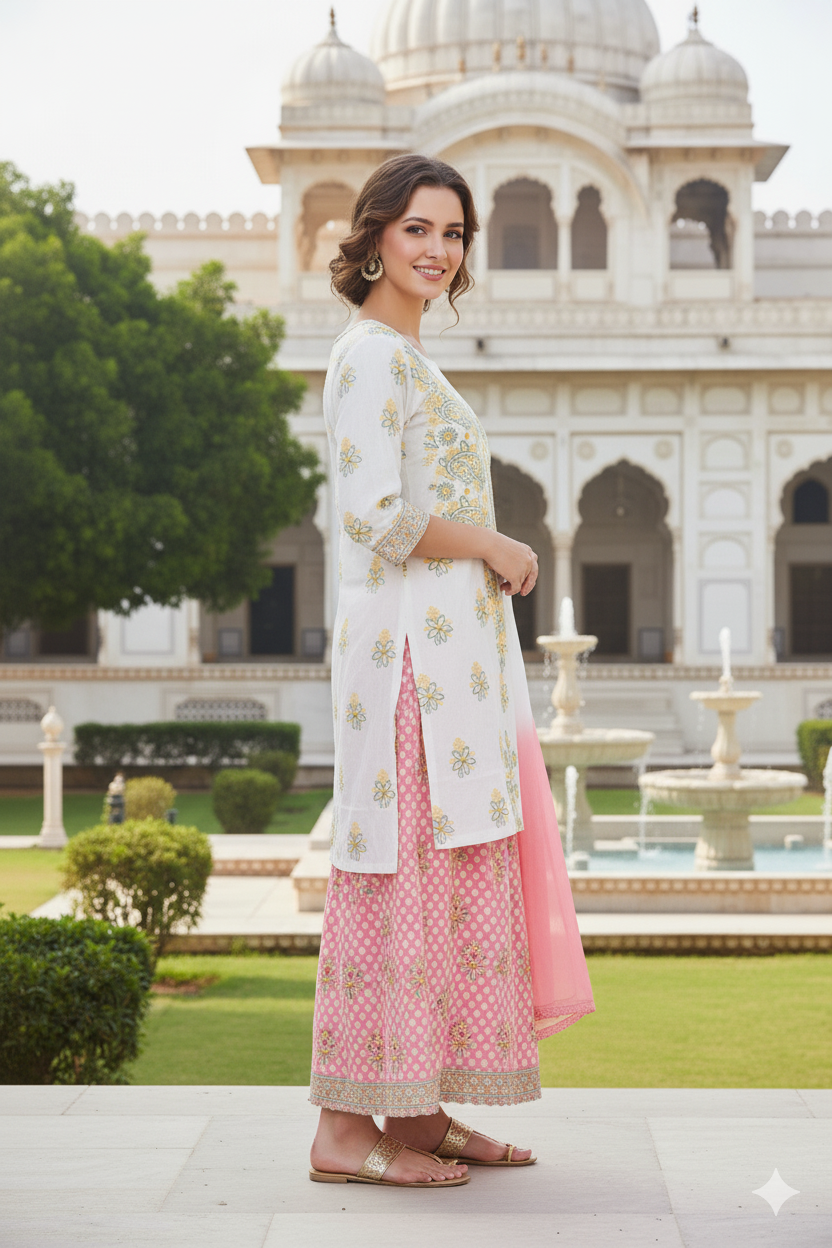 Silakaari Gulabi Polka Dot Pure Cotton Premium Lucknowi Dress Material With Dupatta