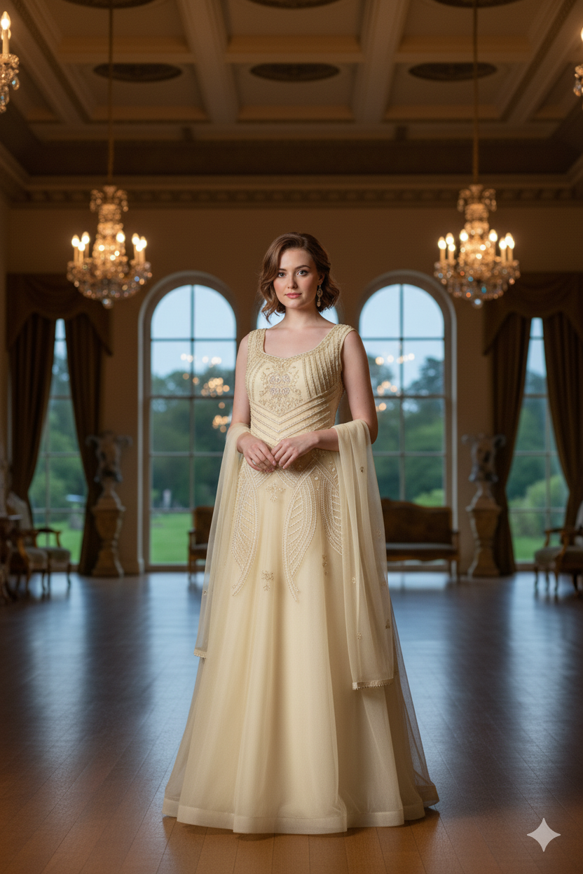 Silakaari Light Green Net Evening Gown with Pearls Sequins Diamond Embroidery