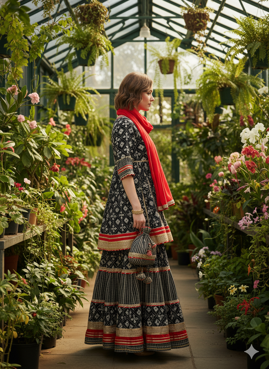 Silakaari Women's Black-Red Heavy Gota Patti Full Garara Set With Potli