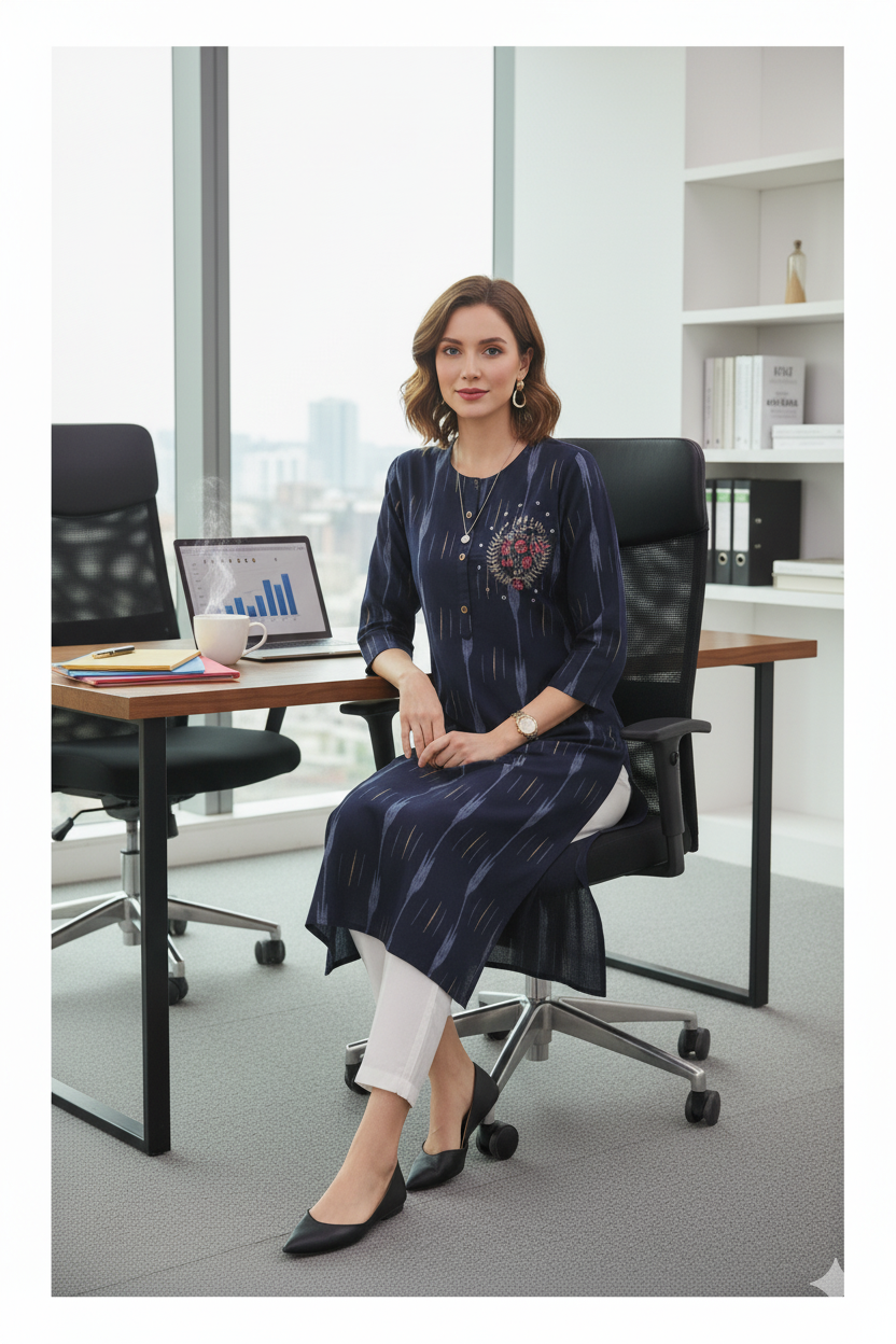 Silakaari Yalina Navy Blue Printed Hand Embroidery Long Kurti