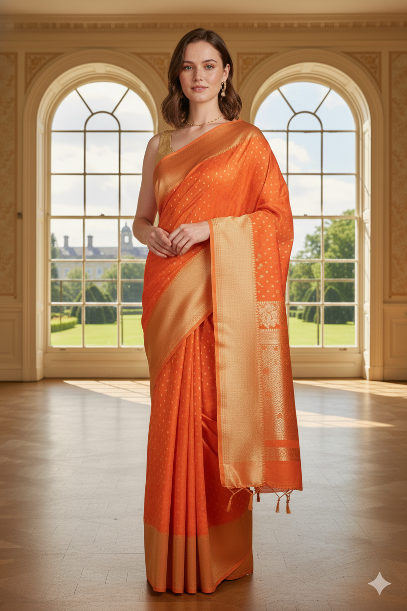 Silakaari Mehtab Ethnic Woven Designer Banarasi Orange-Gold Silk Saree
