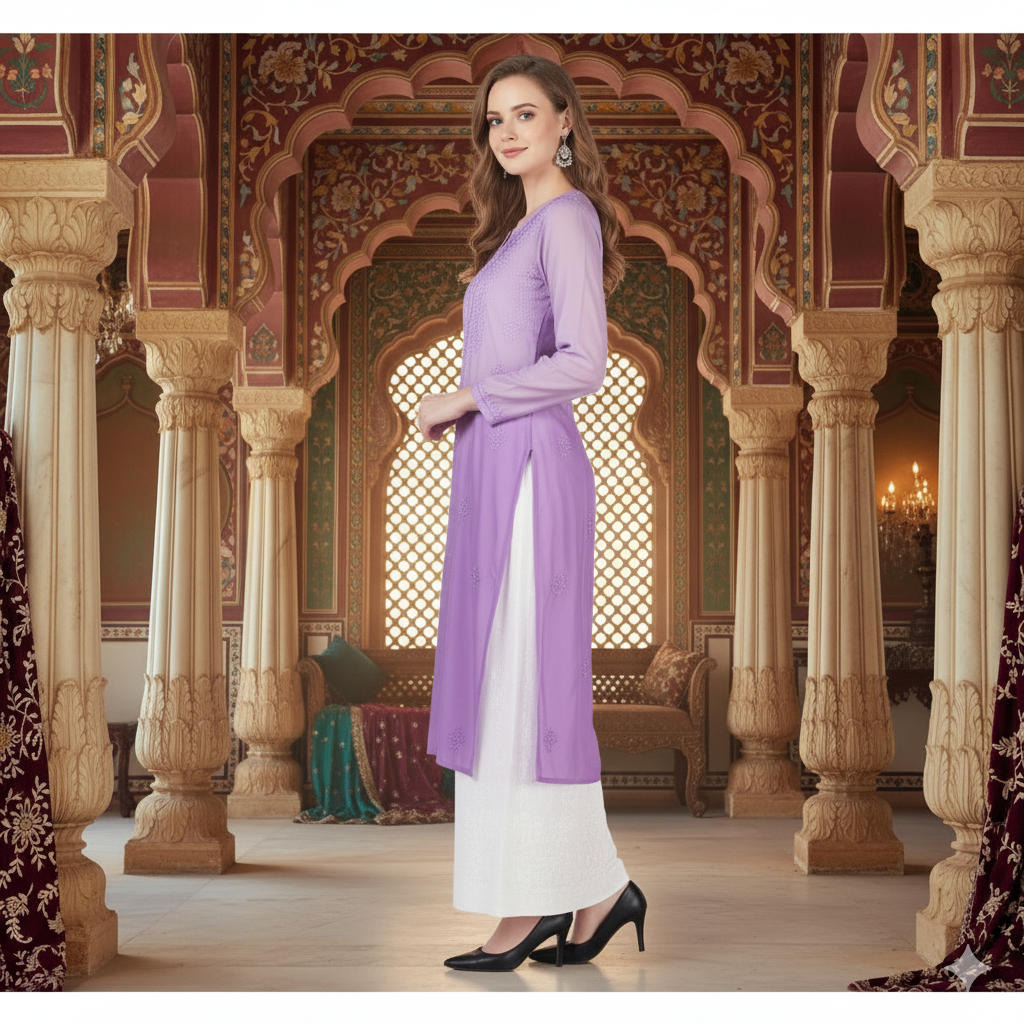 Silakaari Women's Blaze Pure Chanderi Shaded Lucknowi Premium Long Kurti Palazzo Set