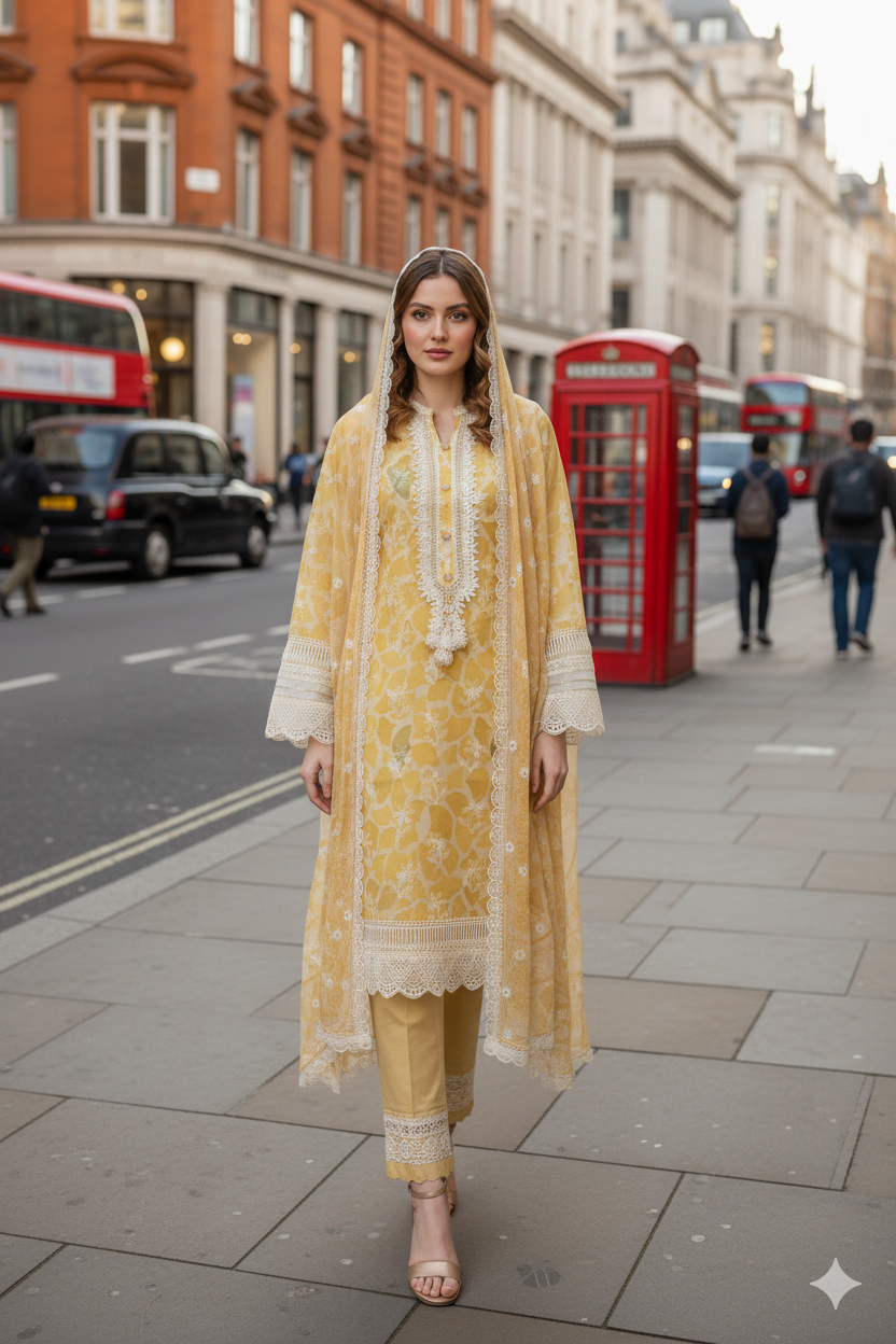 Silakaari Women's Yellow Mirror Floral Lacy Front Designer  Ready-made Dress