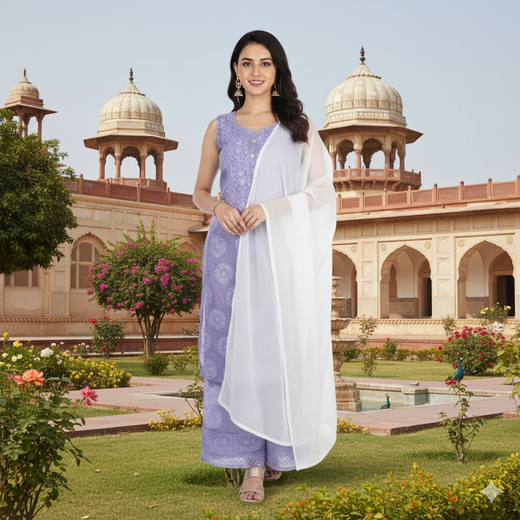 Silakaari Dharti Pure Organza Premium Fine Hand Work Lucknowi Unstitched Dress Material