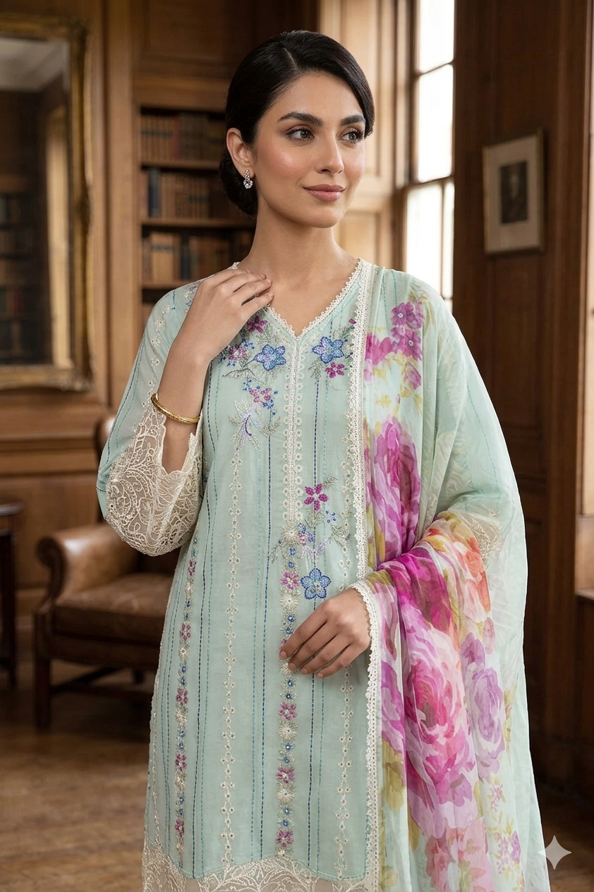 Silakaari Nazakat Pure Lawn Teal Blue Embroidery Pakistani Ready-Made Dress