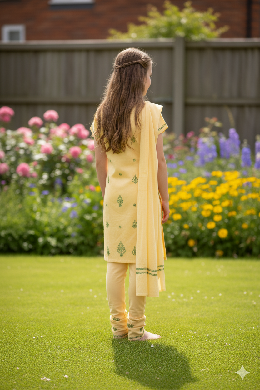 Silakaari Aabida Yellow-Green Pure Cotton Lucknowi ChikanKari Kurti Pant With Dupatta Set For Girls