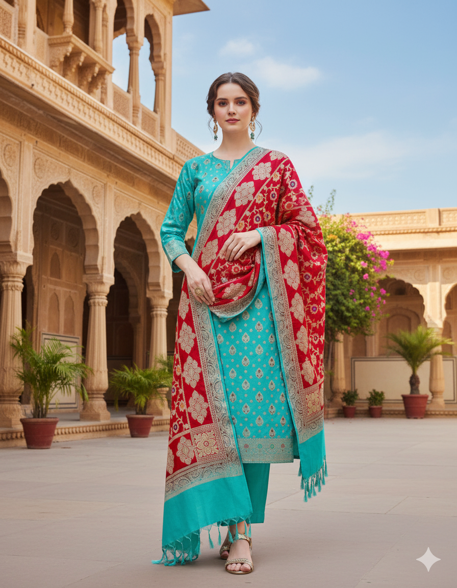 Silakaari Women's Green-Red Heavy Zari Banarasi Work Unstitched Dress Material